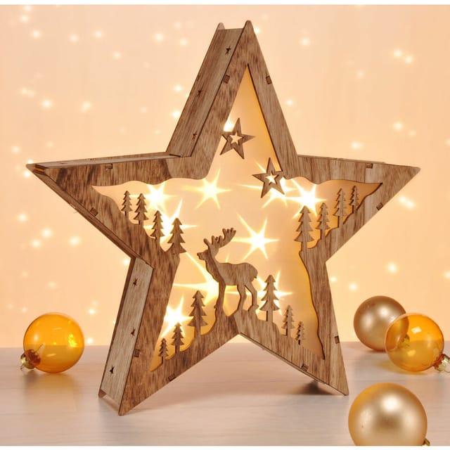 Led Weihnachtsstern aus Holz 30 cm - Rentier - Deko Aufsteller warm weiß beleuchtet - Weihnachten Advent Winter Stern Tisch Deko Beleuchtung Batterie