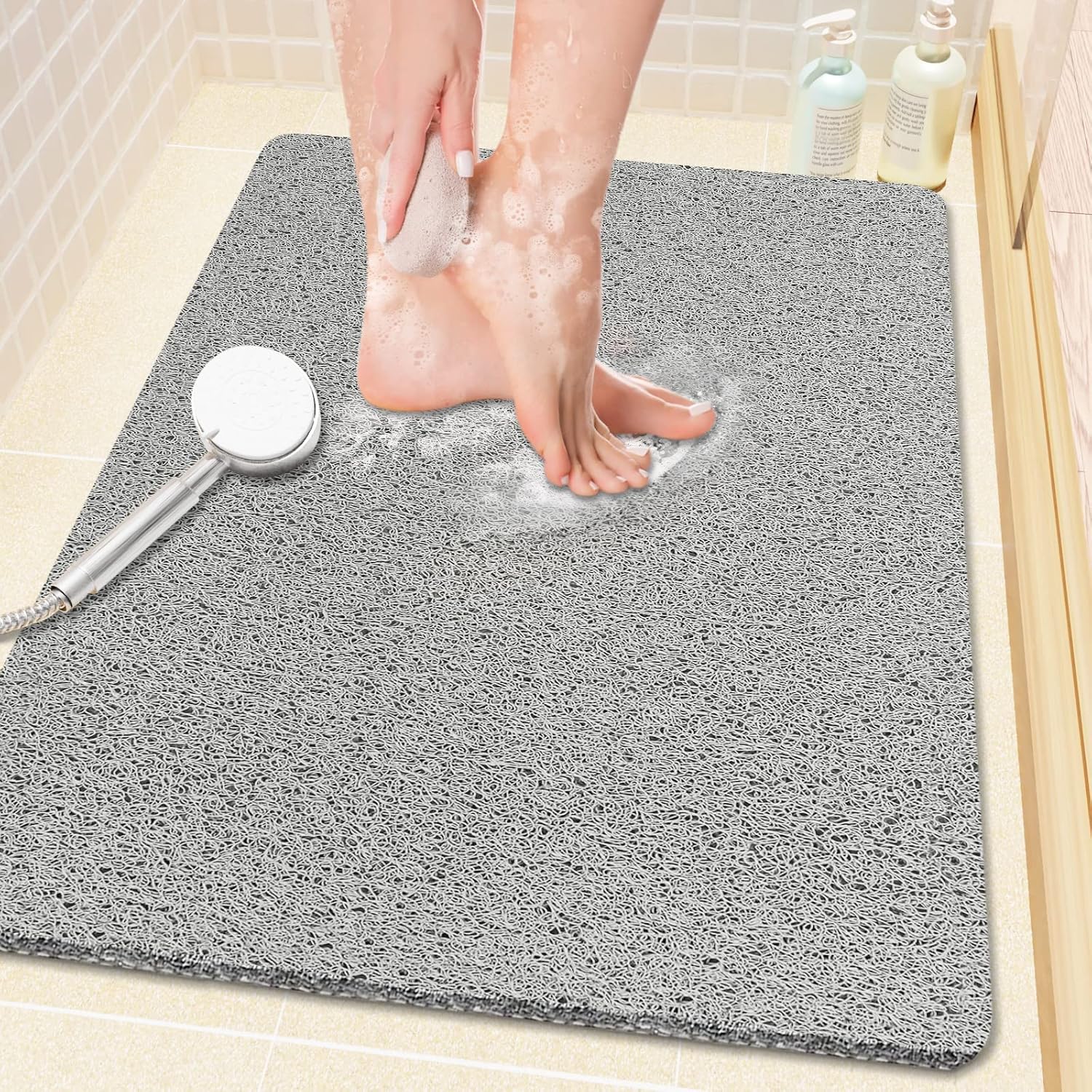 [french Days]tapis De Douche/baignoire En Pvc Loofah (sans Phtalates), Antidérapant, 61 X 40,6 Cm, Tapis De Baignoire Doux Avec Drain, Pour Baignoire Et Salle De Bain, Séchage Rapide, Gris