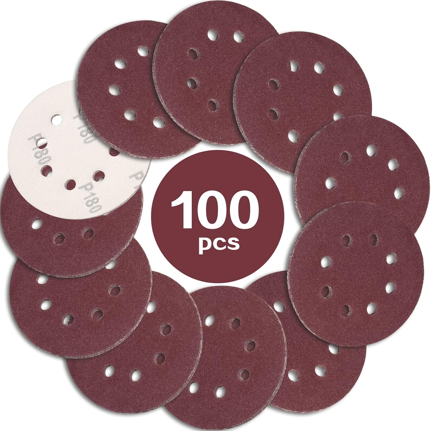 [french Days]100pcs Disque De Ponçage 125mm Grain 180, Disques A Poncer Papier Abrasifs 8 Trous Idéal Pour Poncer/polir Pour Ponceuse Excentrique