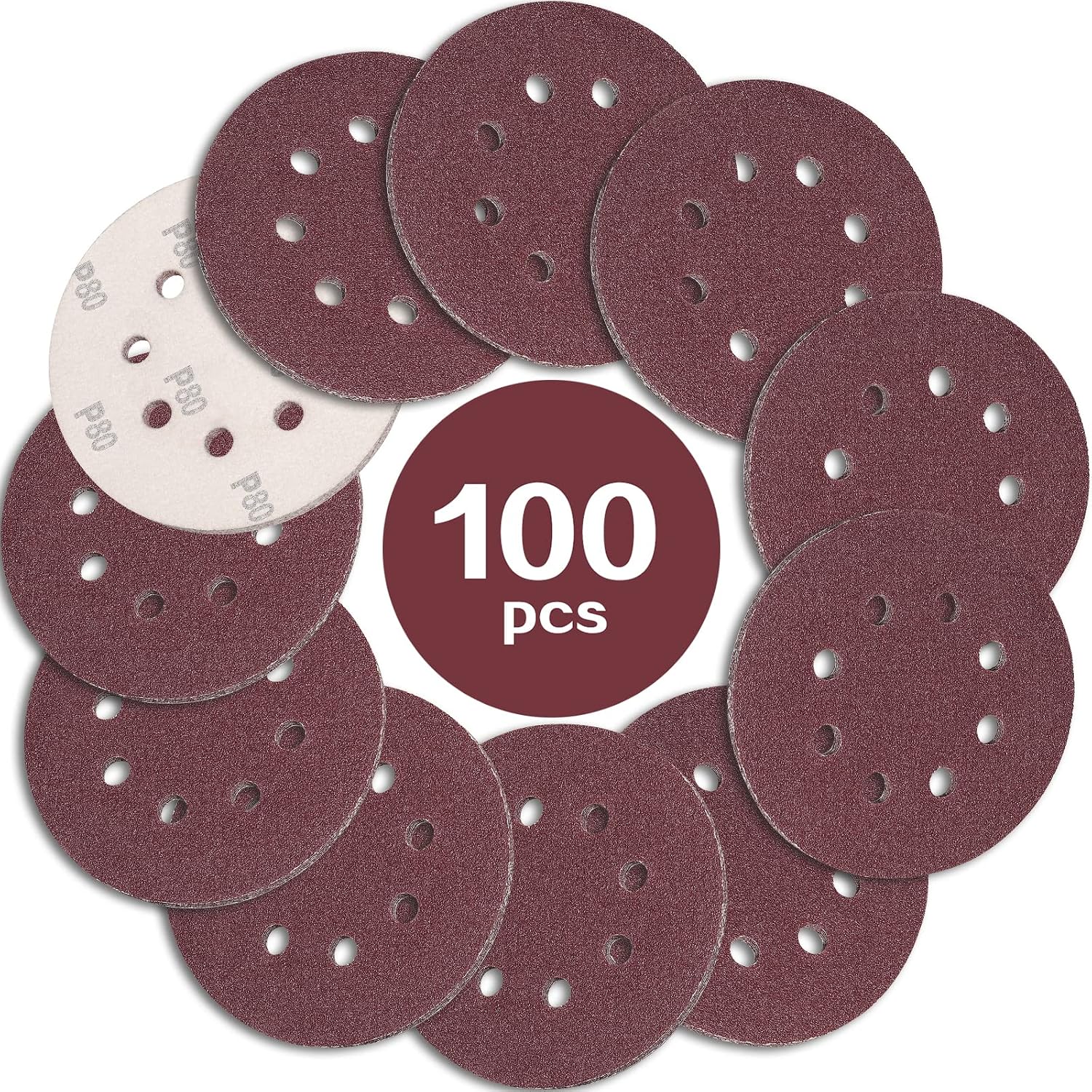 [french Days]100pcs Disque De Ponçage 125mm Grain 80, Disques A Poncer Papier Abrasifs 8 Trous Idéal Pour Poncer/polir Pour Ponceuse Excentrique