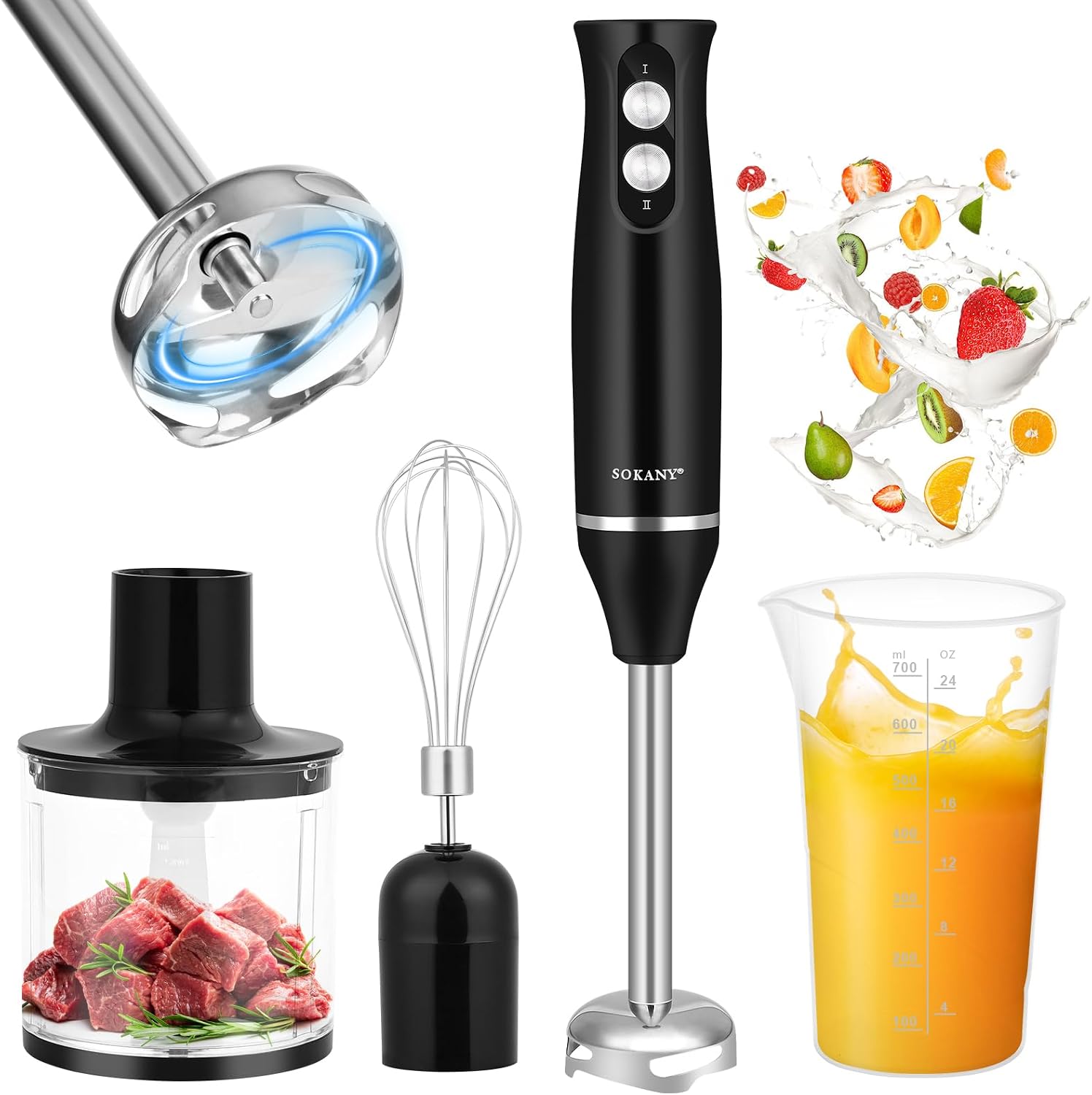 [french Days]mixeur Plongeant Professionnel 4-en-1, Mixer Plongeur Électrique 500w Avec 2 Vitesses, Inclus Fouet, Hachoir 500ml & Verre Doseur 700ml – Idéal Pour Purées, Soupes & Smoothies