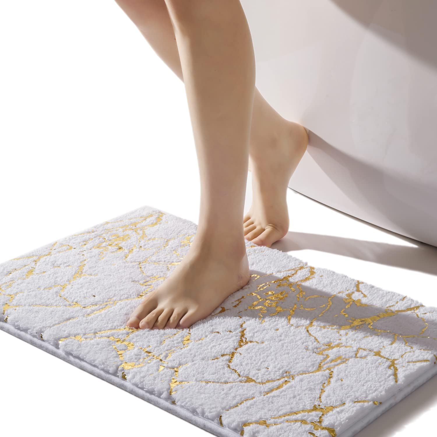 [french Days]tapis De Salle De Bain En Marbre Blanc Et Doré, Décoratif, Antidérapant, Super Absorbant, En Peluche, Lavable En Machine, Pour Baignoire, Douche, 40,6 X 61 Cm