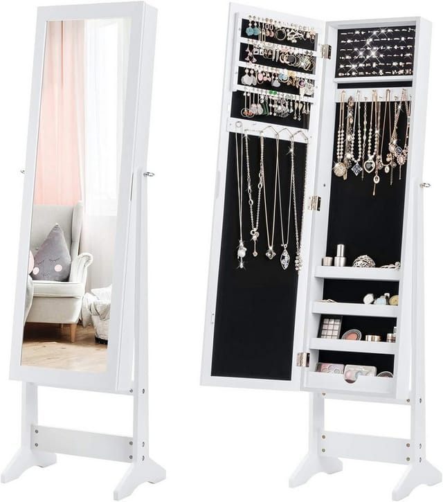 Costway - Schmuckschrank Neigungsverstellbar, Schmuckregal Mit Ganzkoerperspiegel, Schmuck Spiegelschrank Mit 64 Ohrringschlitzen, 20 Halskettenhaken, 72 Ringschlitzen, 4 Ablagen Fuer Make-up, Weiss