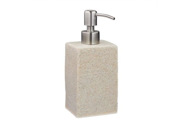 Relaxdays Seifenspender, 200 ml, nachfüllbar, Bad, WC, Küche, Flüssigseifenspender, Polyresin, Edelstahlpumpe, beige