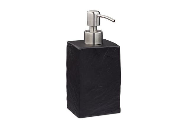 Relaxdays - Seifenspender, 200 ml, nachfüllbar, Bad, wc, Küche, Flüssigseifenspender, Polyresin, Edelstahlpumpe, schwarz