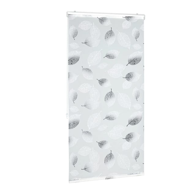 Relaxdays Duschrollo, 80 x 240 cm, Blatt Muster, Seilzug, flexible Montage, Duschvorhang für Badewanne, schwarz-weiß