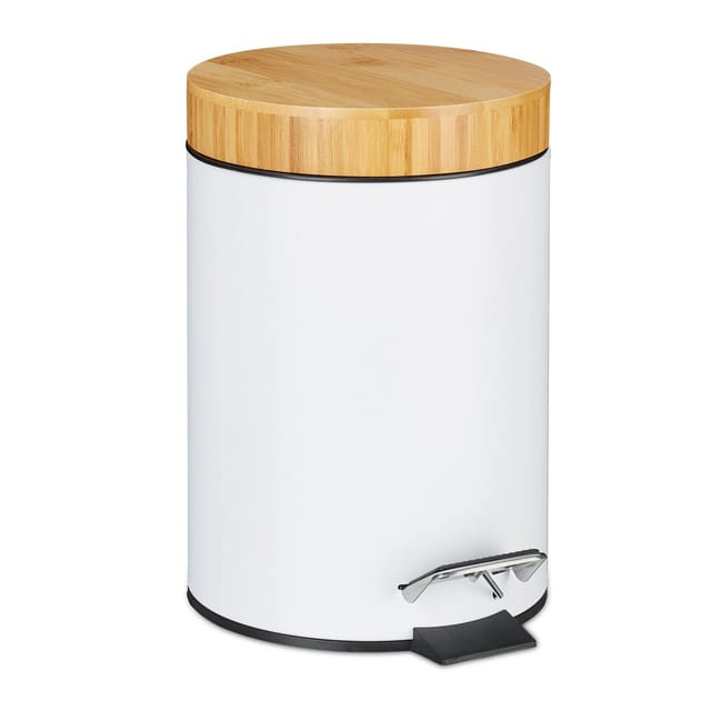 Relaxdays - Mülleimer Bad, 3 l, Kosmetikeimer mit Absenkautomatik, Bambusdeckel, entnehmbarer Inneneimer, Treteimer, weiß