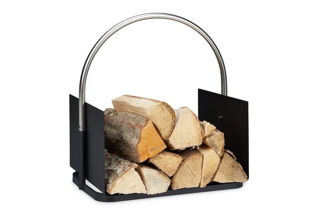 Kaminholzkorb, Metall, vernickelter Griff, Brennholzkorb innen, Holztrage, HxBxT 43,5 x 40,5 x 30 cm, schwarz - Relaxdays