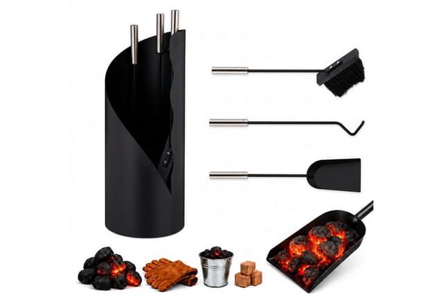 Kaminbesteck modern, 4-teilige Kamingarnitur mit Schürhaken, Ascheschaufel, Kaminbesen & Ständer, schwarz - Relaxdays