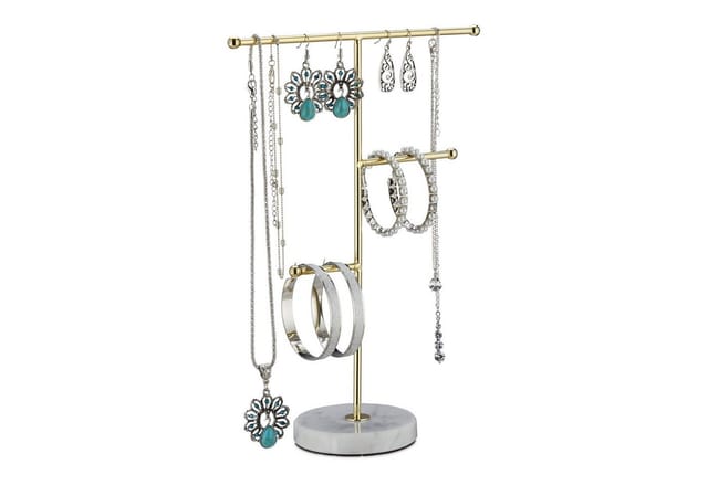 Relaxdays - Schmuckständer, Marmor, 3 Stangen, Schmuck Aufbewahrung Ketten, Ohrringe & Armbänder, HxBxT 26x19x8, weiß/gold