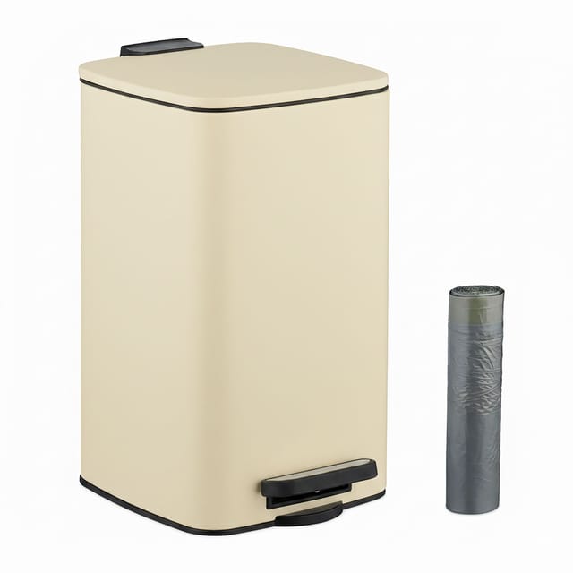 elaxdays Kosmetikeimer, 8 L, Absenkautomatik, entnehmbarer Inneneimer, Metall, Bad Mülleimer, inkl. Müllbeutel, beige
