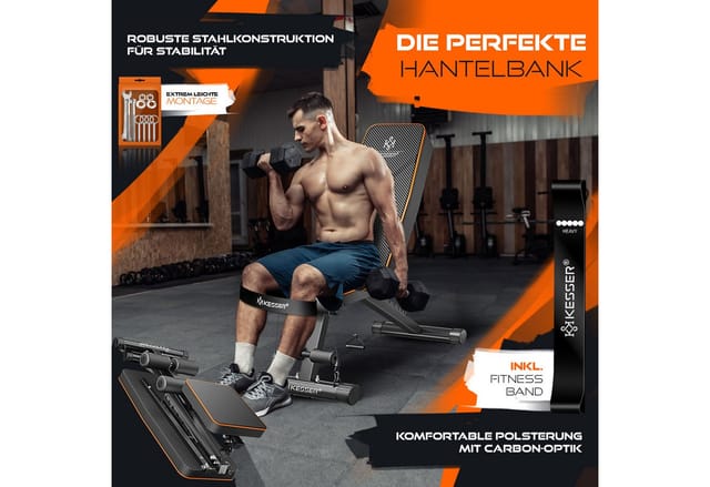 KESSER® Klappbare Hantelbank Multifunktionale Trainingsbank mit Rückenlehne 500kg Belastbarkeit Schwarz / Orange