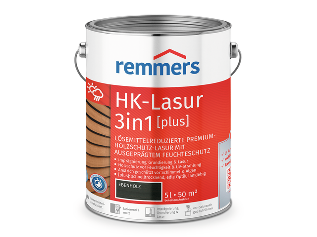 Remmers HK-Lasur 3in1 [plus] ebenholz, matt, 5 Liter, Holzlasur, Premium Holzlasur außen, 3fach Holzschutz mit Imprägnierung + Grundierung + Lasur