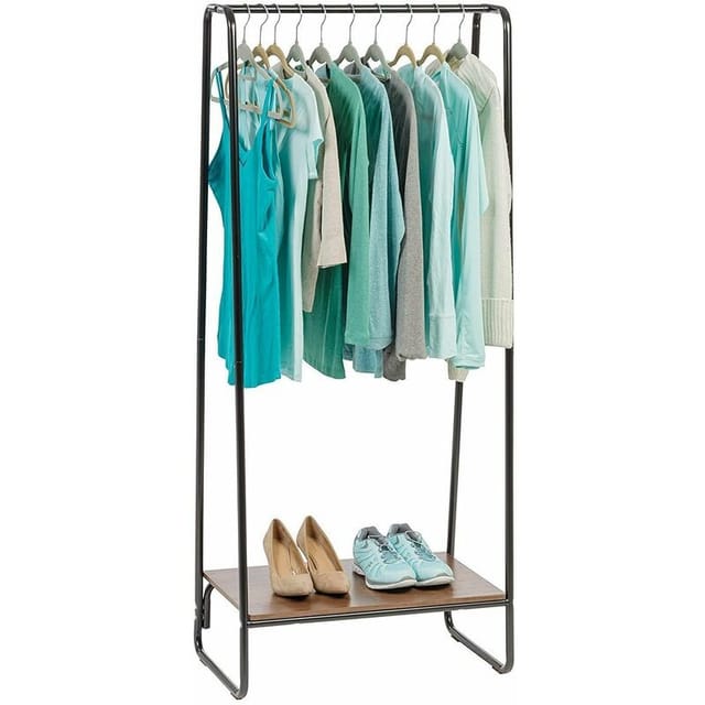 Kleiderständer mit Holzregal, 1 Ebene, Schwarz, Modernes Design, Robuster Rahmen, Rutschfest, Für Schlafzimmer, Studio, Schrank, Kleidung & Schuhe,