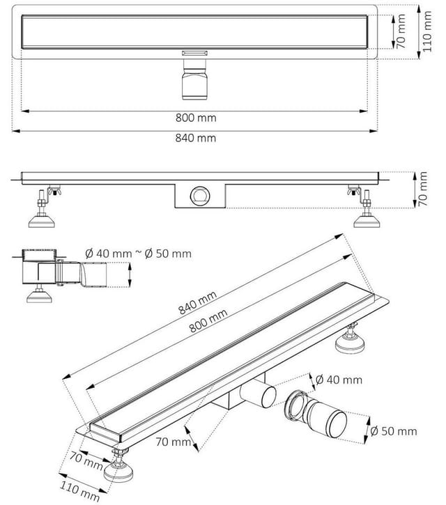 Zelsius - Edelstahl Duschablauf 'Hervey Bay' befliesbar 80 cm Ablauf rechteckig
