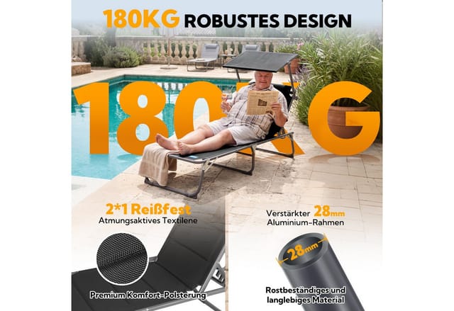 Gartenliege Sonnenliege Aluliege Liegestuhl Liege Klappbar, Textilene Mit Dickem Schwamm, Mit Verstellbare Rückenlehne, Sonnenblende, Kopfpolster, Bis 180kg-schwarz - Homecall