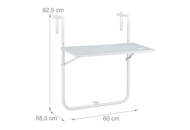 Balkon Hängetisch, klappbar, 3-Fach höhenverstellbar, Tischplatte in Holzoptik, b x t: 59,5 x 35,5 cm, weiß - Relaxdays