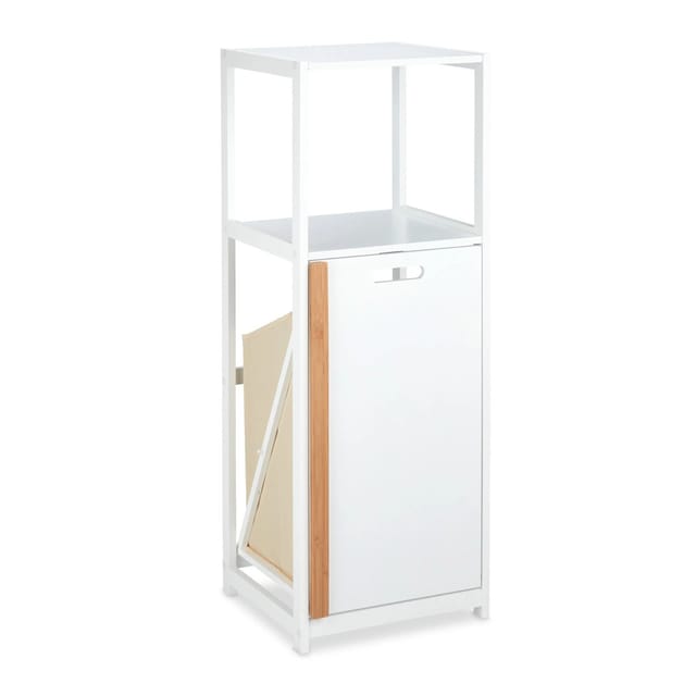 Badregal mit Wäschekorb, 2 offene Ablagen, kippbarer Wäschesammler, mdf & Bambus, hbt: 98x36x30 cm, weiß/natur - Relaxdays