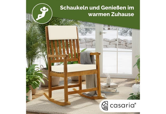 Schaukelstuhl Gartenstuhl Holz Creme 160kg Belastbar Bezug 30° Waschbar Armlehne Schaukelsessel Garten Balkon Stuhl Wetterfest Schwingsessel Akazie