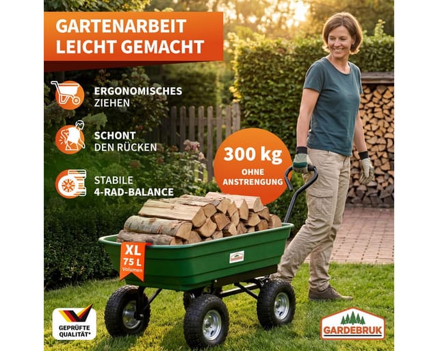 Gardebruk - Transportwagen mit Kippfunktion 300kg Belastbar Luftbereift 75L Lenkachse Gartenwagen Bollerwagen Handwagen