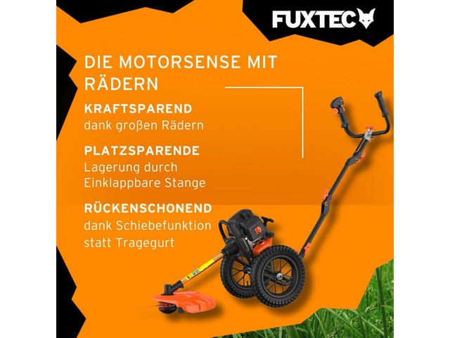Benzin Motorsense auf Rädern FX-FSR152 mit 52 cc, großen Lufträdern und 3 ps Leistung Trimmer Rasentrimmer Freischneider fs Faden 2-Takt - Fuxtec