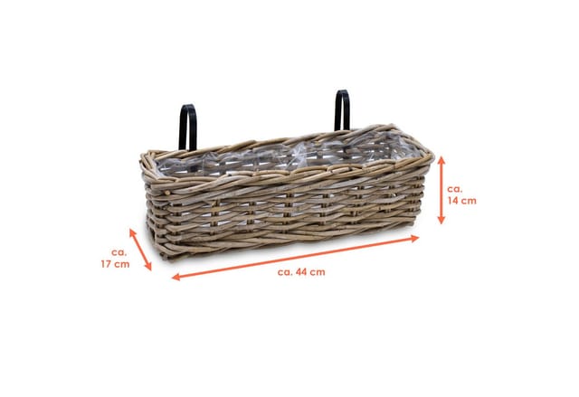 Balkonkasten Rattan natur 44 x 17 cm - 2er Set - Blumen Weidenkorb mit Halterung - Balkon Garten Blumenkasten Pflanztopf Blumenkorb zum Einhängen an