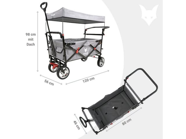 Faltbarer Bollerwagen FX-CT700 grau klappbar mit Dach, Vorder- und Hinterrad-Bremse, Vollgummi-Reifen, Schubbügel, für Kinder geeignet - Fuxtec