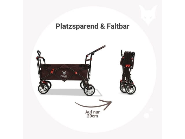 Faltbarer Bollerwagen FX-CT700 braun klappbar mit Dach, Vorder- und Hinterrad-Bremse, Vollgummi-Reifen, Schubbügel, für Kinder geeignet - Fuxtec