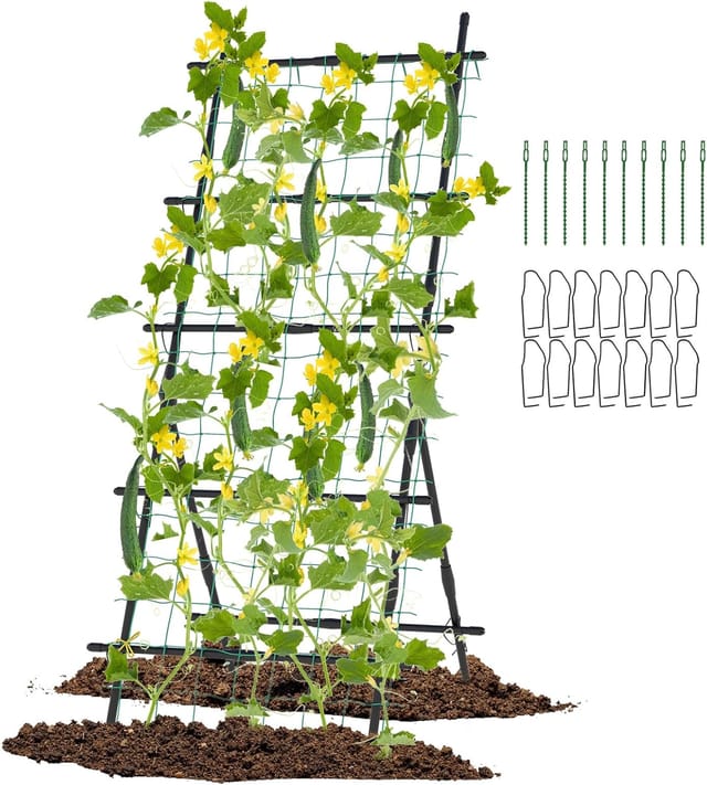 Costway Gurke Rankhilfe Set, 187 Cm, A-förmig, Pflanzenhalter Mit Gartennetz & Clips, Rankgitter Metall, Pflanzenstütze Für Kletterpflanzen Blumen Nutzpflanzen, Garten Outdoor, Schwarz