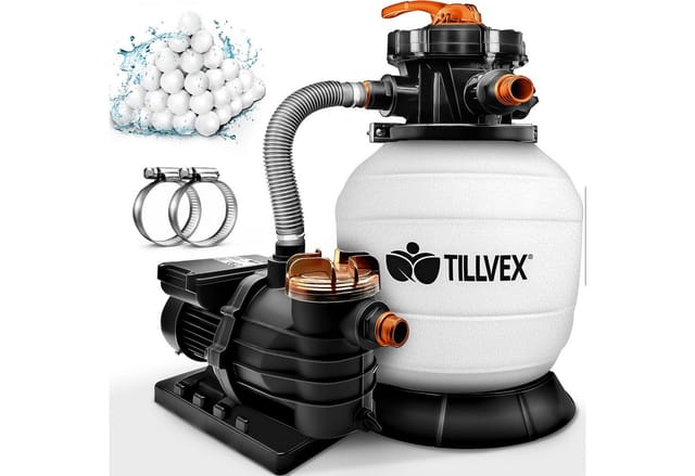 tillvex Sandfilteranlage Pool 10 m³/h inkl. 800g Filterbälle weiß/orange Filteranlage 7-Wege Ventil & 2in1 Adapter Ø32mm - 38mm Poolfilter mit