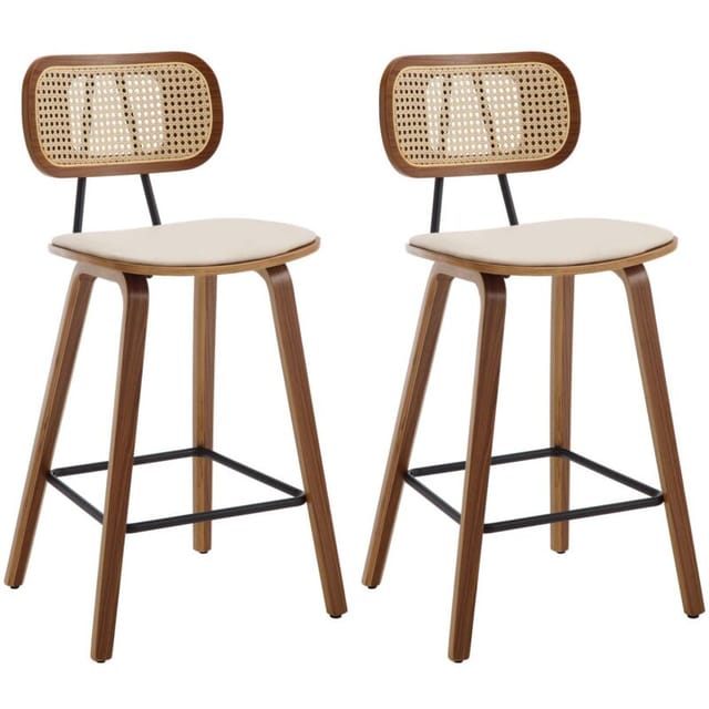 WAHSON Esszimmerstühle 2er Set Barstuhl Rattan Thekenhocker PU Hochhocker mit Holz Beinen für Wohnzimmer, Beige