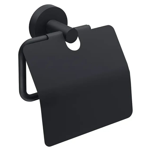 Moon black Toilettenpapierhalter mit Deckel, matt schwarz - WC-Rollenhalter zur Wandbefestigung ohne Bohren, inkl. Klebelösung - 53 mm x 140 mm x 128