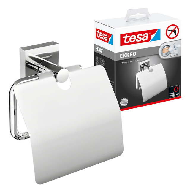 Ekkro Toilettenpapierhalter mit Deckel, verchromt - WC-Rollenhalter zur Wandbefestigung ohne Bohren, inkl. Klebelösung - 53 mm x 140 mm x 128 mm