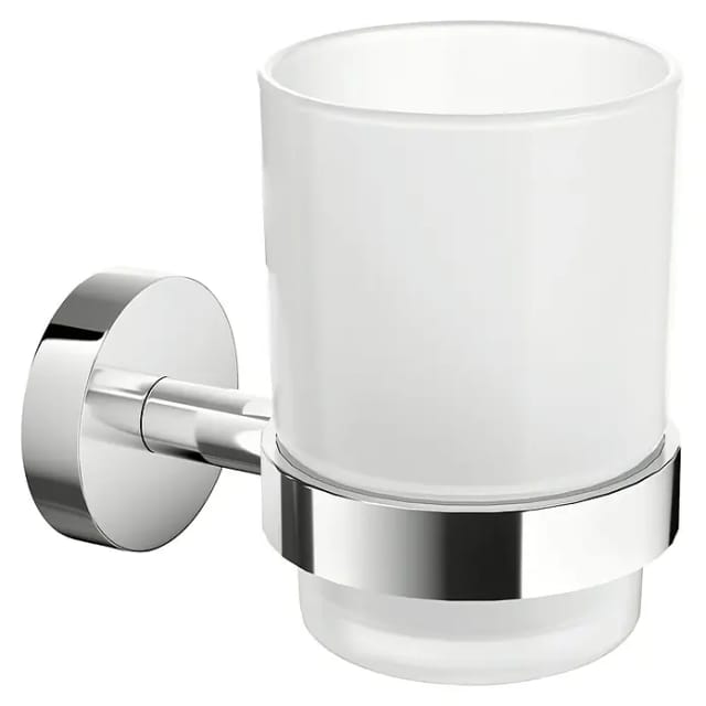 Smooz Zahnputzbecher mit Halterung - Becher aus satiniertem Glas, verchromte Wandhalterung - zur Wandbefestigung ohne Bohren, inkl. Klebelösung - 113