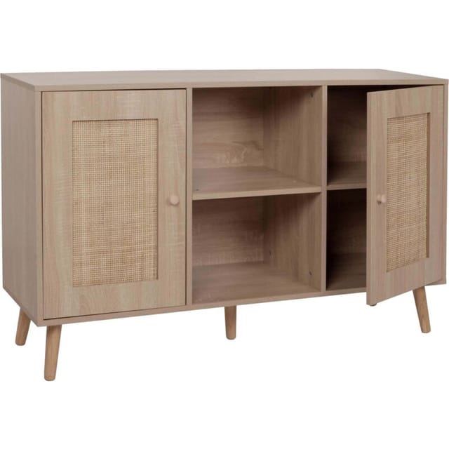 Sideboard HHG 219, Schrank Kommode Highboard, Staufächer, Kubu Rattan Holz Melamin, Eiche-Optik