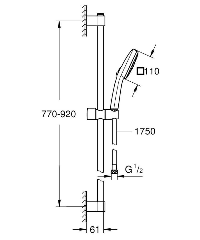 Tempesta Cube Brausestangenset 110, 900mm, 2 Strahl, 13,5l/min, Chrom, Brauseschlauch Relexaflex 1750mm - Grohe