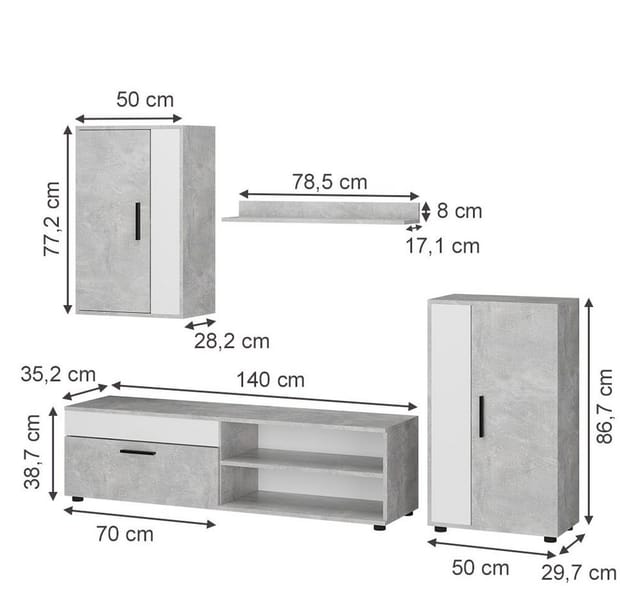 Vicco - Wohnwand Berno, Beton, 4er Set