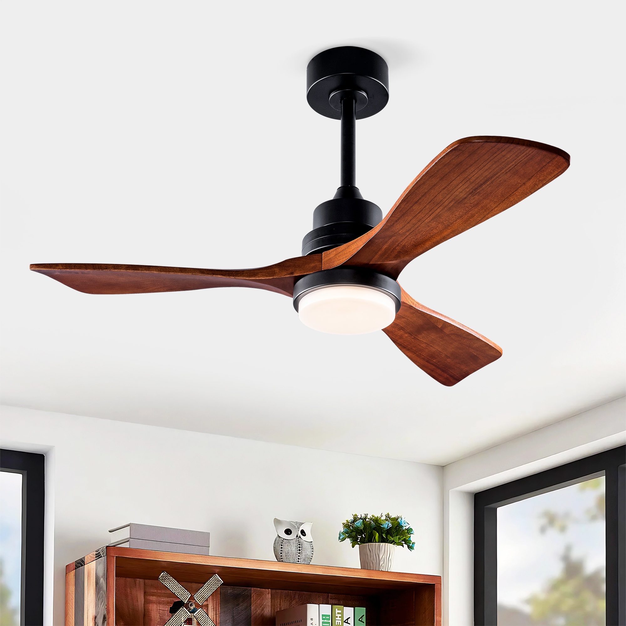 Deckenventilator Mit Leuchte, 107 Cm, Leiser Betrieb Für Wohnzimmer Und Schlafzimmer, 6 Geschwindigkeitsstufen, 3 Flügel Aus Paulowniaholz, Dunkelwalnuss