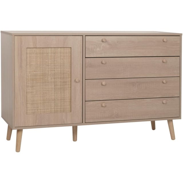 Sideboard HHG 221, Schrank Kommode Highboard, Schubladen Staufach, Kubu Rattan Holz Melamin, Eiche-Optik