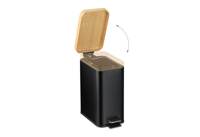 Mülleimer Bad, 5 Liter, entnehmbarer Inneneimer, Kosmetikeimer, Metall, Badmülleimer mit Bambusdeckel, schwarz - Relaxdays