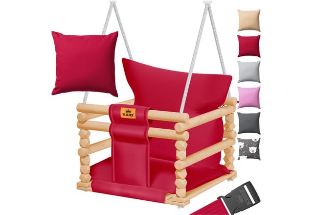 Babyschaukel Kinderschaukel Schaukelsitz mit Polsterung Holz-Schaukel mit Anti-Kipp bis 60KG Höhenverstellbar Indoor & Outdoor Bordeaux - Kidiz