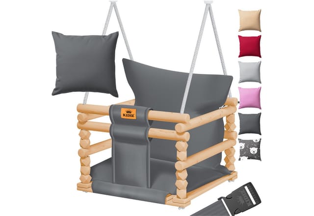 KIDIZ® Babyschaukel Kinderschaukel Schaukelsitz mit Polsterung Holz-Schaukel mit Anti-Kipp bis 60KG Höhenverstellbar Indoor & Outdoor 0,5 - 3 Jahre Montagezubehör & Sicherheitsgurt