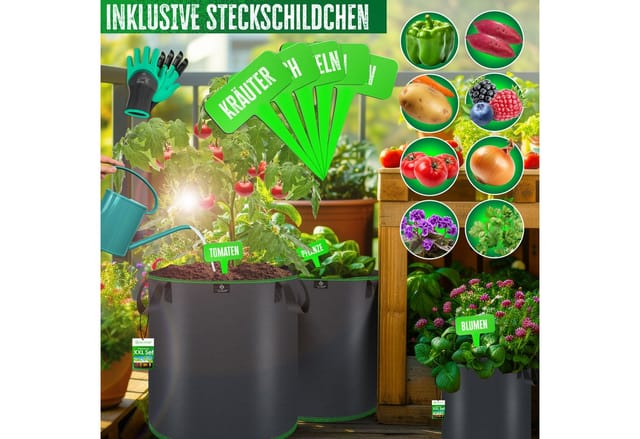 Pflanzsack 27 Liter - 5er Set Aus Vlies Mit Namensschildern, Sichtfenster & Griffen – Ideal Für Gemüse, Blumen & Obst - Grau - Kesser