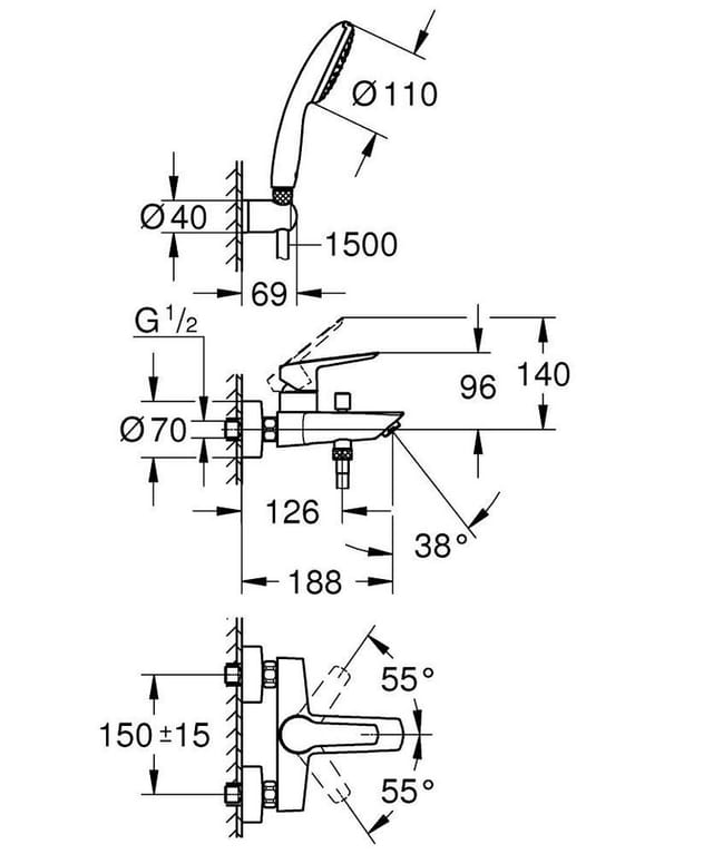 Grohe Start Einhandwandarmatur (Wandmontage, Mengenbegrenzung Temperaturbegrenzer, S-Anschlüsse, Kleben o. Bohren chrom 25283002
