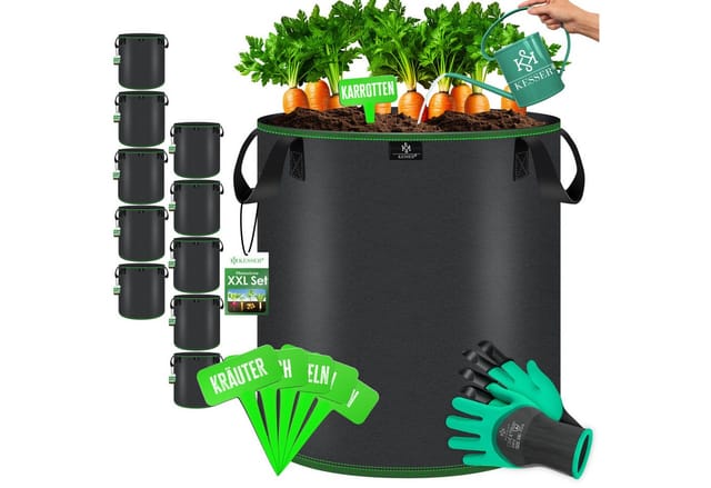 Pflanzsack 27 Liter - 10er Set Aus Vlies Mit Namensschildern, Sichtfenster & Griffen – Ideal Für Gemüse, Blumen & Obst - Grau - Kesser