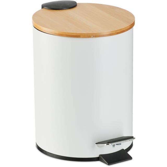 Relaxdays - Kosmetikeimer, 3 Liter, Absenkautomatik, entnehmbarer Inneneimer, Bad Mülleimer, Metall, Bambusdeckel, weiß
