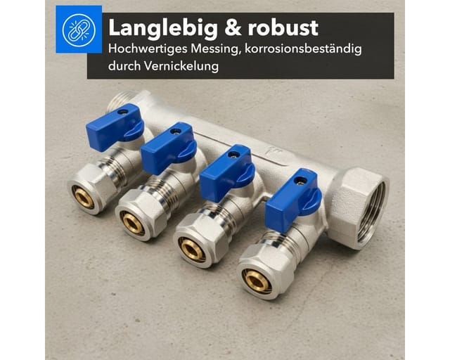 Verteiler mit 4 Abgängen Kugelhahn Blau MF-1" 4 x 16