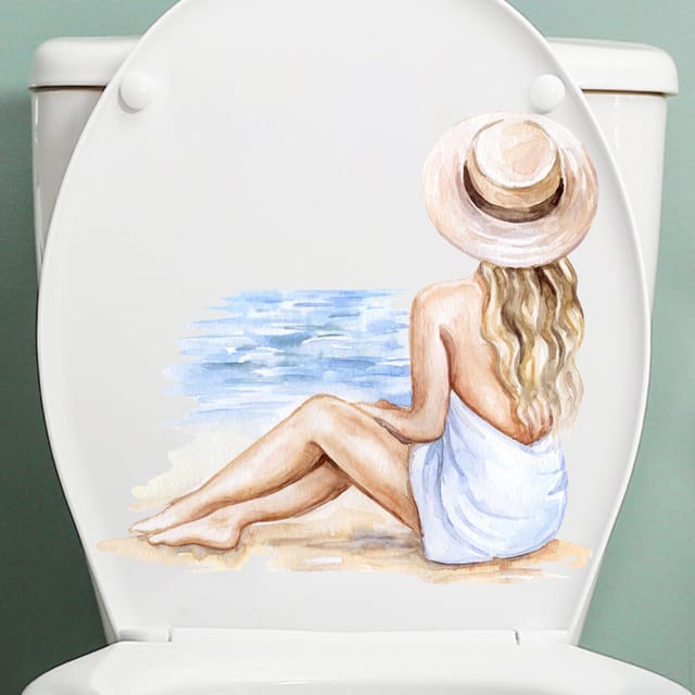 Csparkv - Wasserdichter Toilettenaufkleber für Toilettensitz, bemalter Strandmädchen-Rückansicht-Badezimmer-Toilettenaufkleber