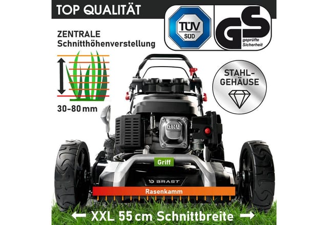 Benzin Rasenmäher Mit Antrieb 5,2kw (7ps) Elektrostart 55cm Schnittbreite Tüv 30-80mm Schnitthöhe 60l Fangkorb 4 Takt Ohv Motor Stahlgehäuse Estart - Brast