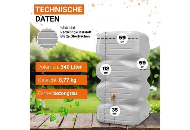 Garantia - cubus Gartentank Komplett-Set 340 Liter betongrau inkl. Kunststoff-Auslaufhahn und Fallrohranschluss